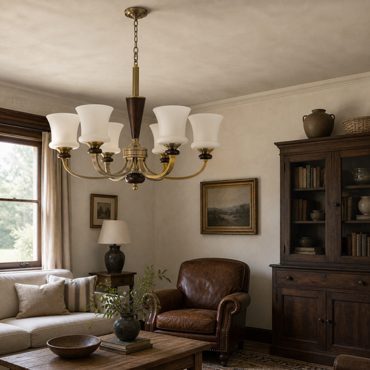 Caldrienne Opal Glass and Ash Wood Chandelier