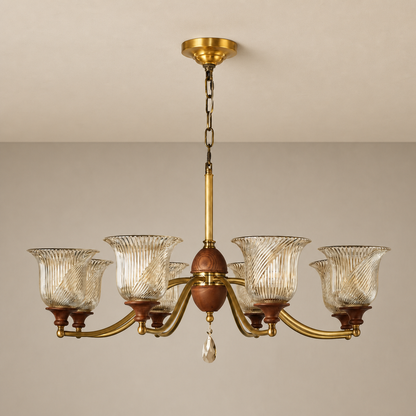 Elowen Antique Brass, Wood and Ribbed Glass Chandelier