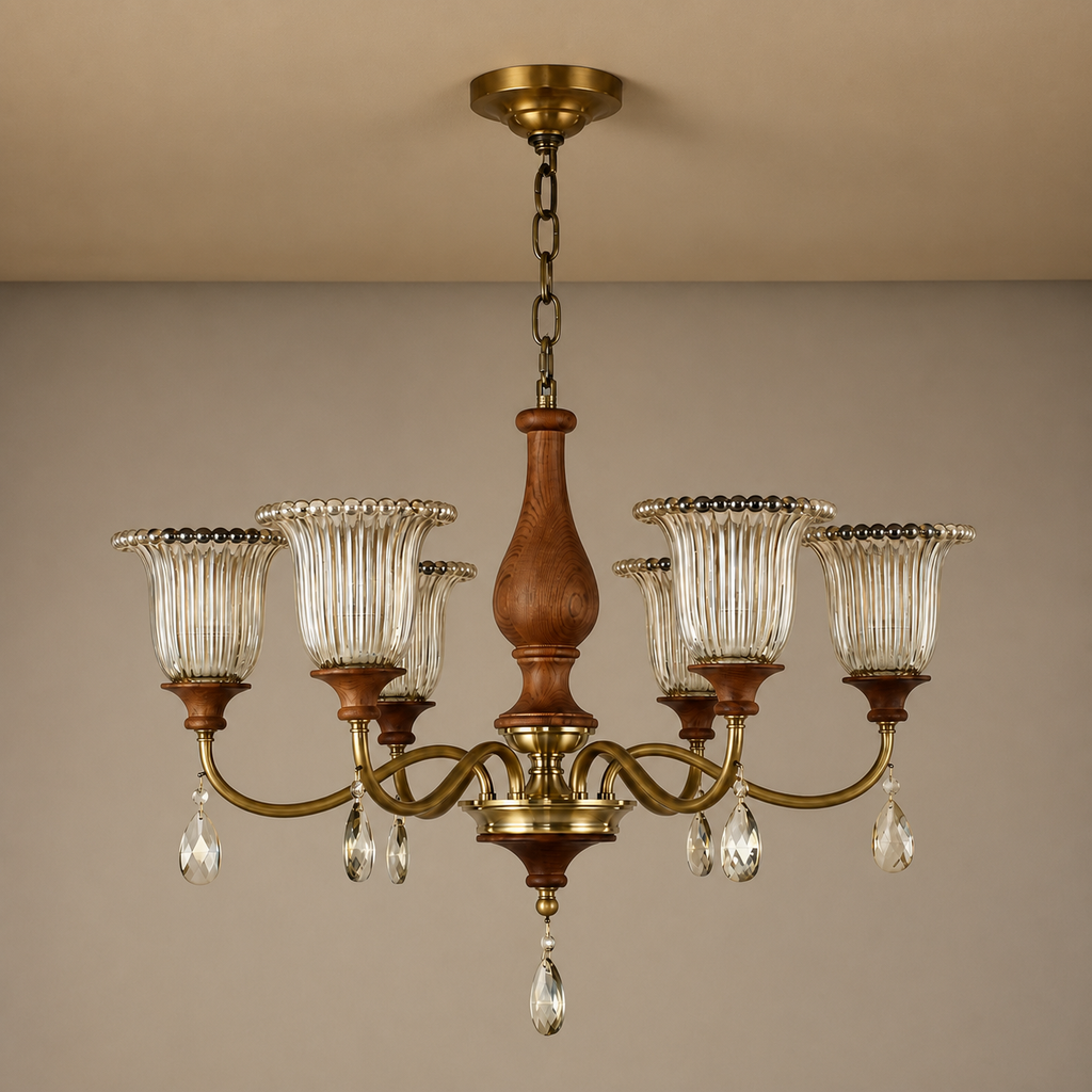 
Rosalind Antique Brass Ribbed Glass Chandelier with Wood Accents