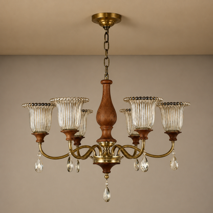 Rosalind Antique Brass Ribbed Glass Chandelier with Wood Accents
