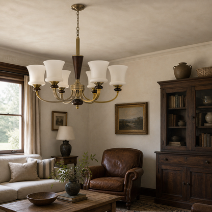 Caldrienne Opal Glass and Ash Wood Chandelier
