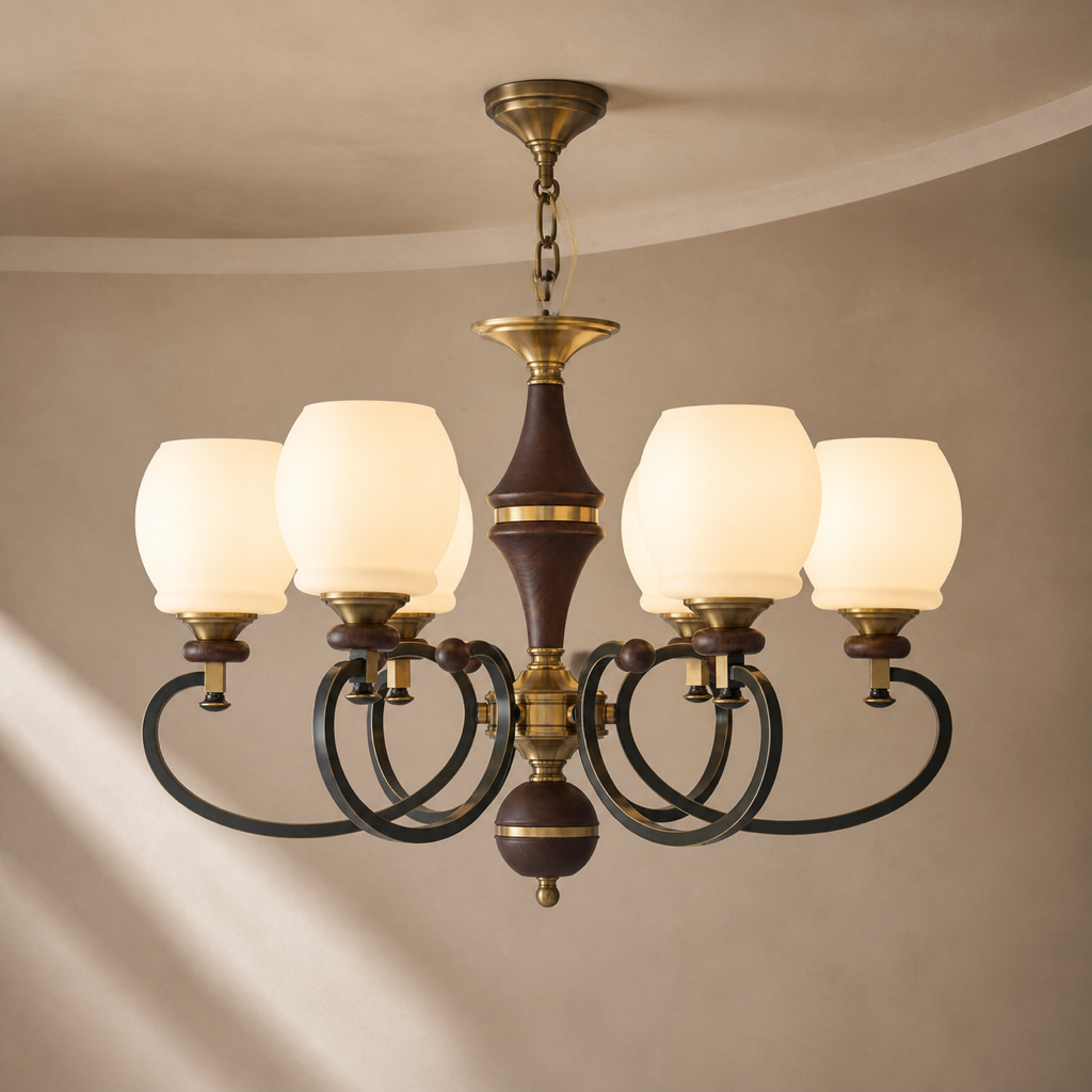 
Briarwood Ash Wood and Milk Glass Chandelier