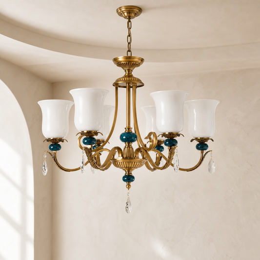 
Marcelline Antique Brass and Teal Glass Chandelier