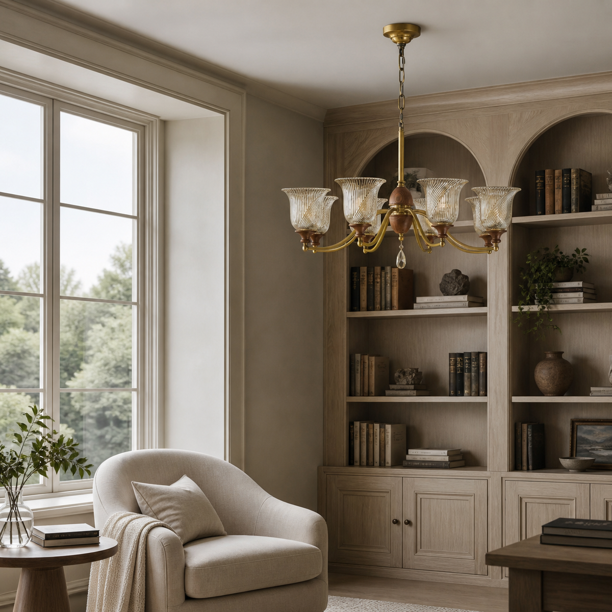 
Elowen Antique Brass, Wood and Ribbed Glass Chandelier