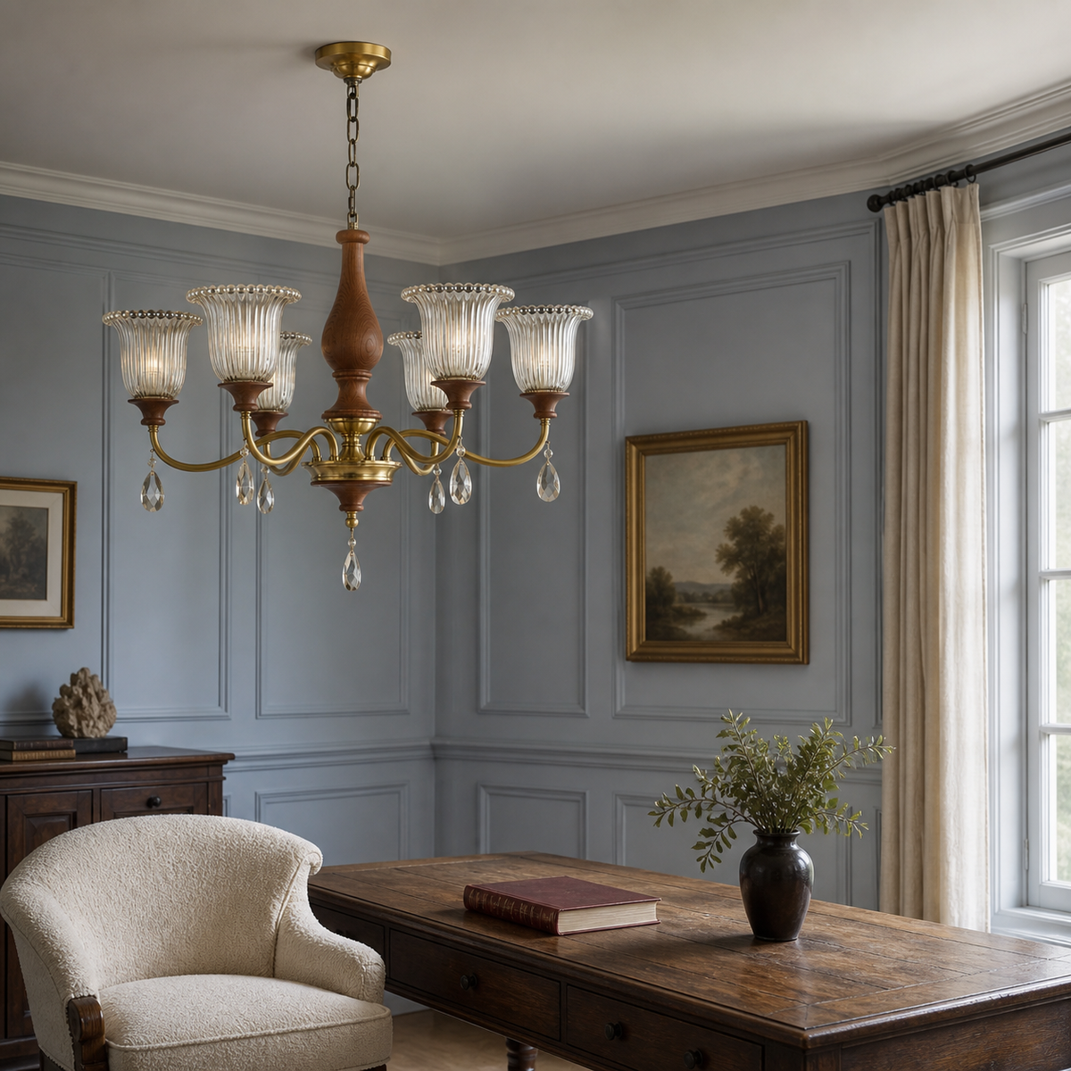 
Rosalind Antique Brass Ribbed Glass Chandelier with Wood Accents