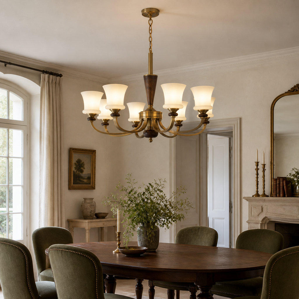 
Caldrienne Opal Glass and Ash Wood Chandelier