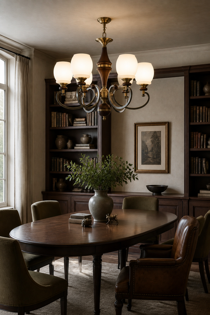 Briarwood Ash Wood and Milk Glass Chandelier