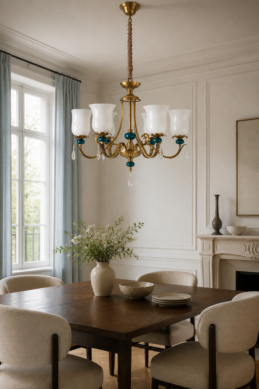 
Marcelline Antique Brass and Teal Glass Chandelier