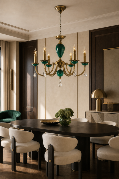 Valeria Antique Brass and Green Stone Chandelier