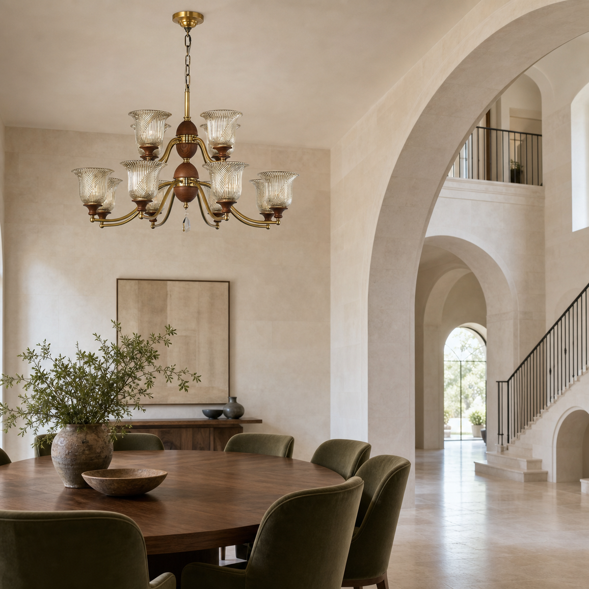 
Elowen Antique Brass, Wood and Ribbed Glass Chandelier