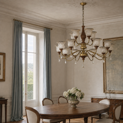 Rosalind Antique Brass Ribbed Glass Chandelier with Wood Accents
