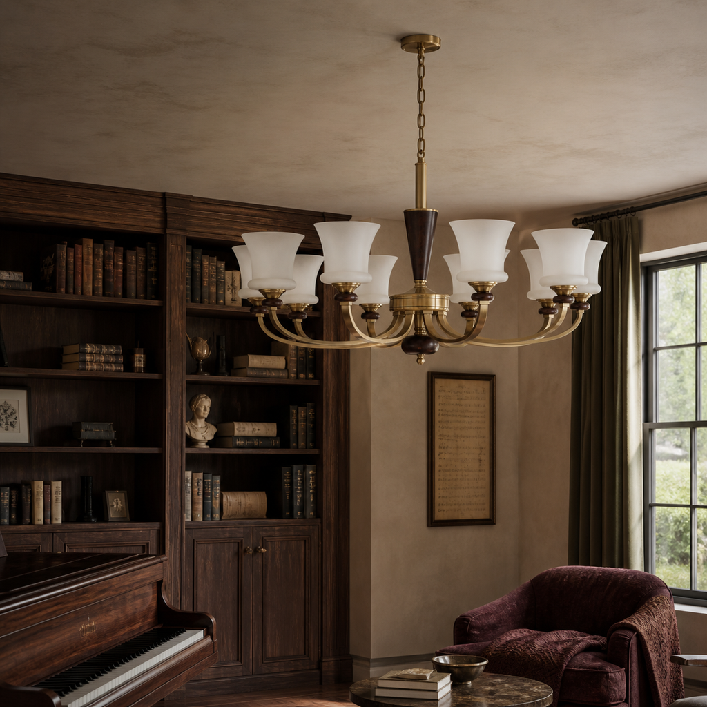 
Caldrienne Opal Glass and Ash Wood Chandelier