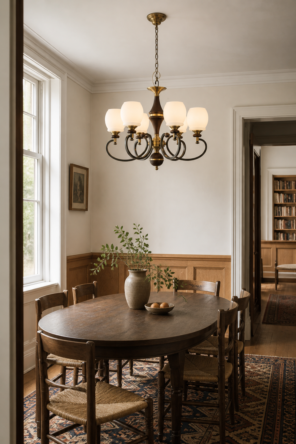 
Briarwood Ash Wood and Milk Glass Chandelier