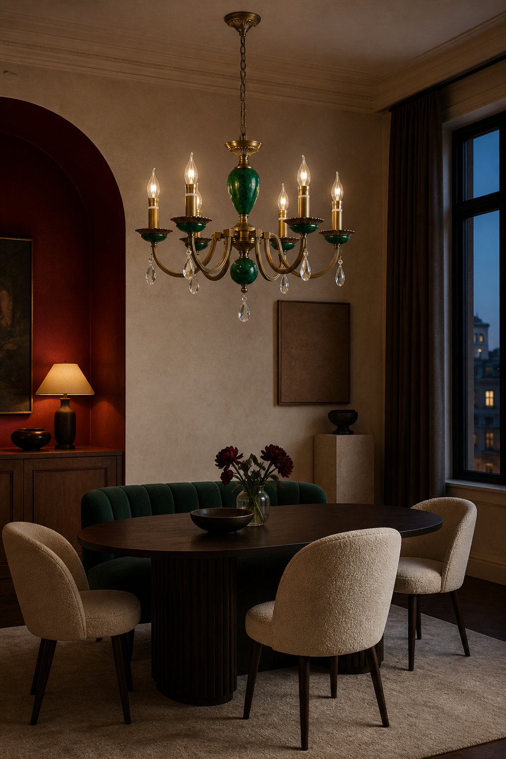 
Valeria Antique Brass and Green Stone Chandelier