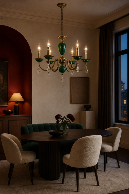 Valeria Antique Brass and Green Stone Chandelier