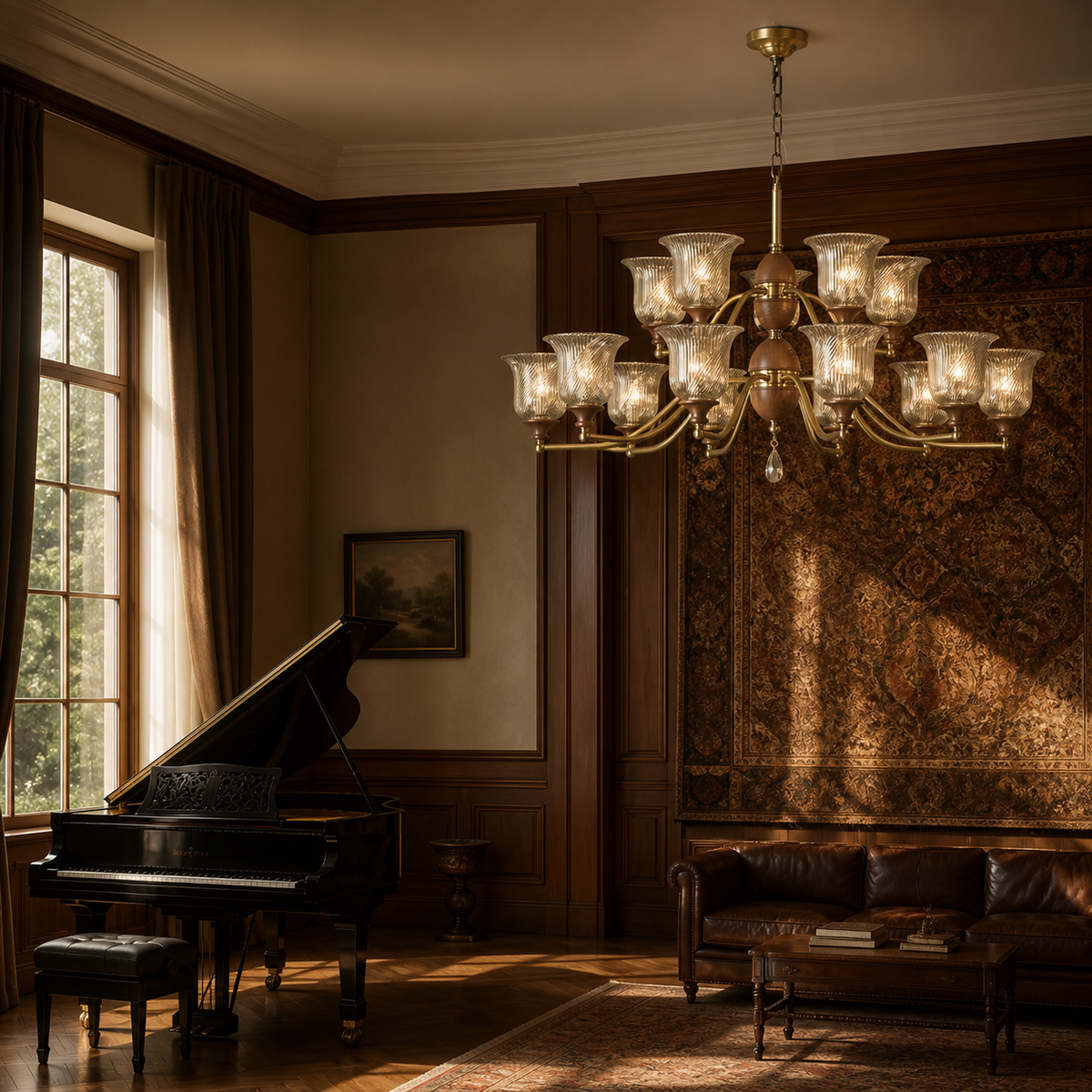 
Elowen Antique Brass, Wood and Ribbed Glass Chandelier