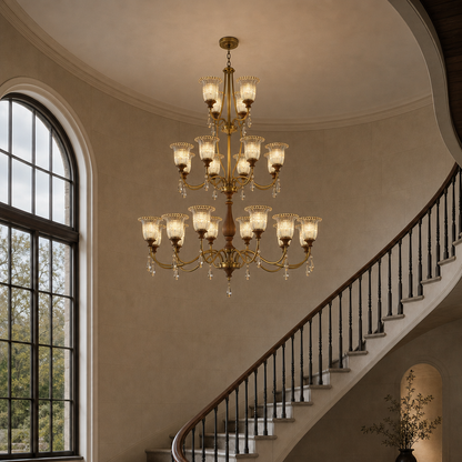 Rosalind Antique Brass Ribbed Glass Chandelier with Wood Accents