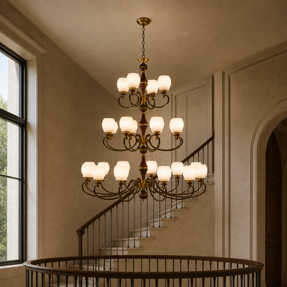 Briarwood Ash Wood and Milk Glass Chandelier