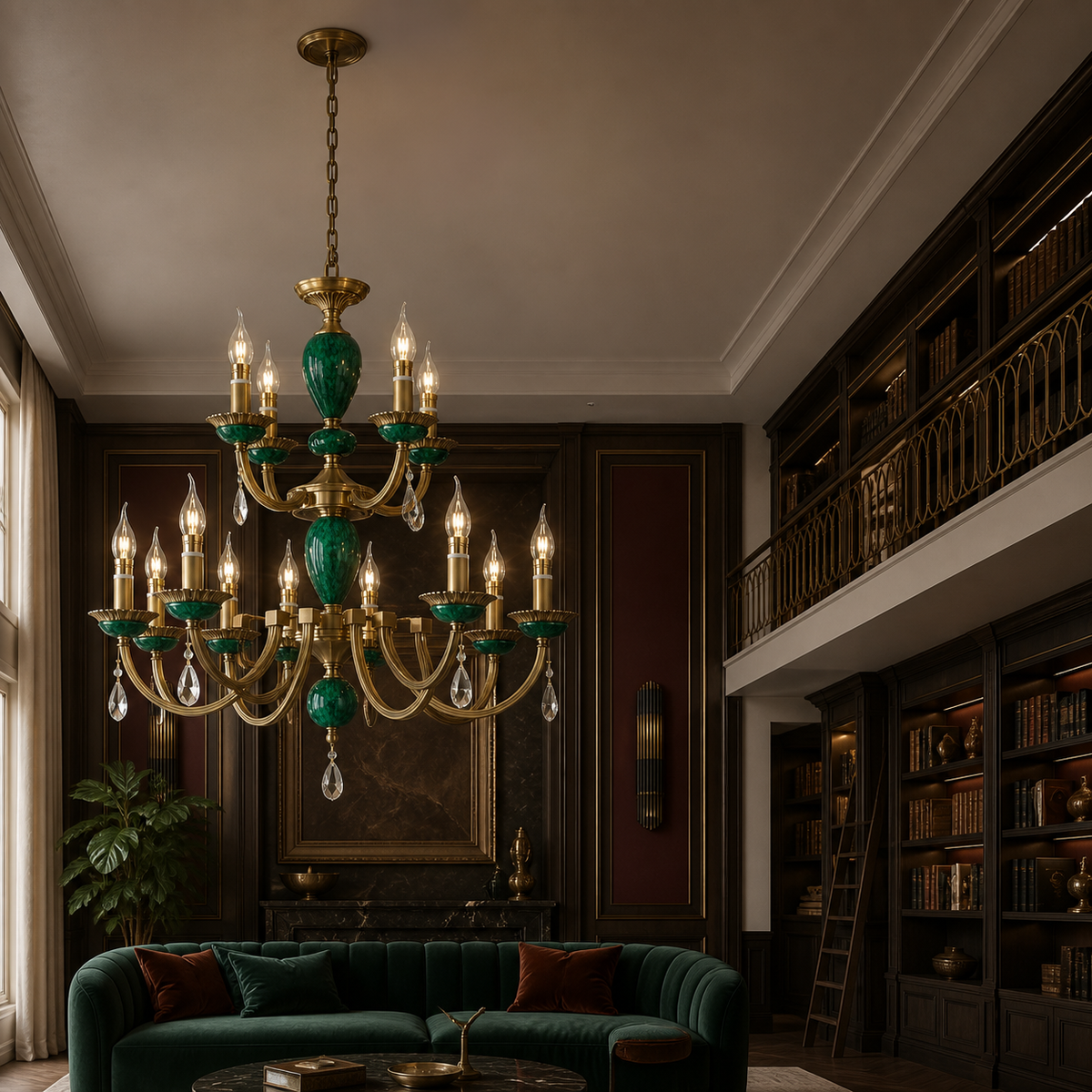 
Valeria Antique Brass and Green Stone Chandelier