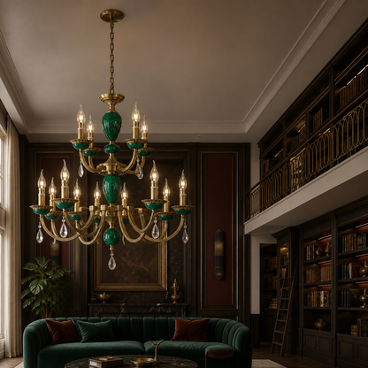 Valeria Antique Brass and Green Stone Chandelier