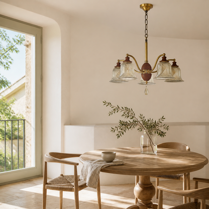 Elowen Antique Brass, Wood and Ribbed Glass Chandelier
