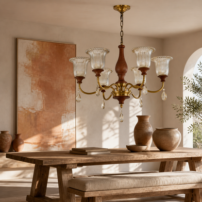 Rosalind Antique Brass Ribbed Glass Chandelier with Wood Accents