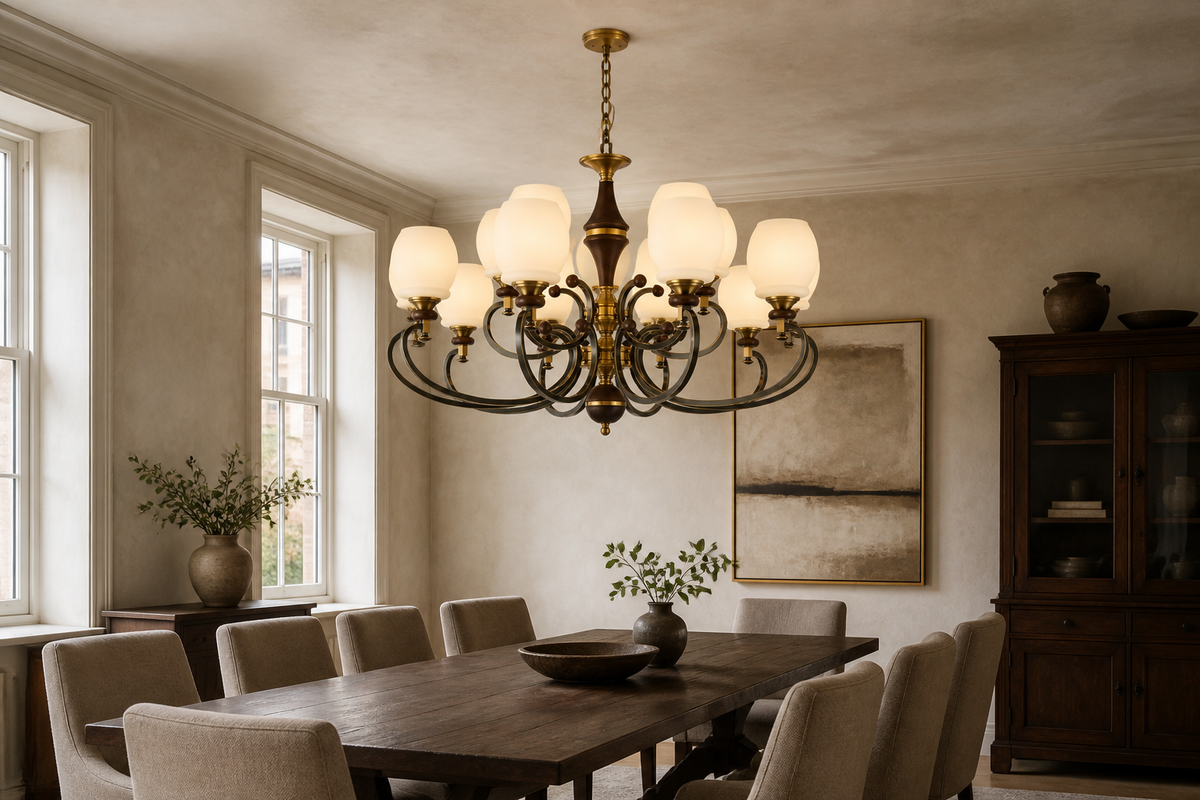 
Briarwood Ash Wood and Milk Glass Chandelier