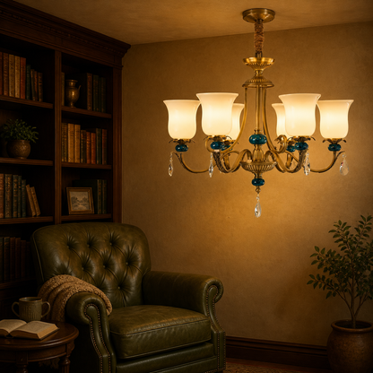 Marcelline Antique Brass and Teal Glass Chandelier