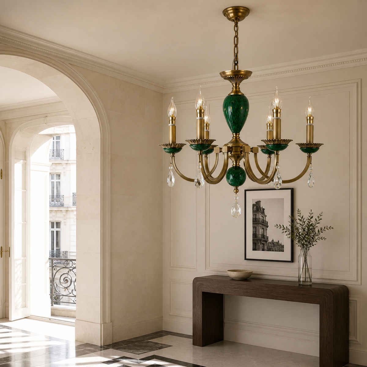 
Valeria Antique Brass and Green Stone Chandelier