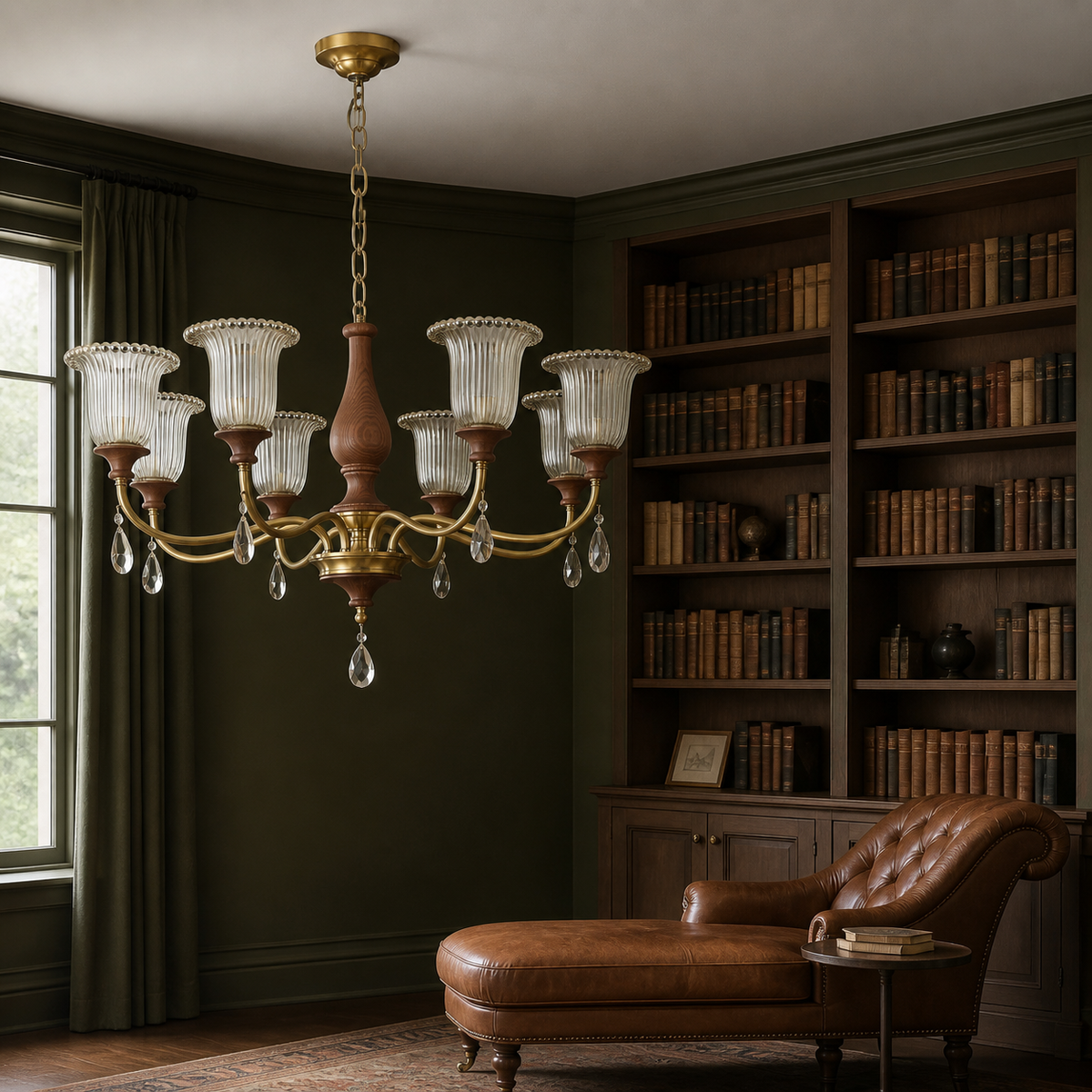 
Rosalind Antique Brass Ribbed Glass Chandelier with Wood Accents
