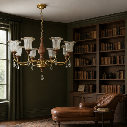 Rosalind Antique Brass Ribbed Glass Chandelier with Wood Accents