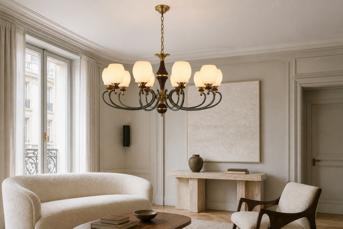 
Briarwood Ash Wood and Milk Glass Chandelier