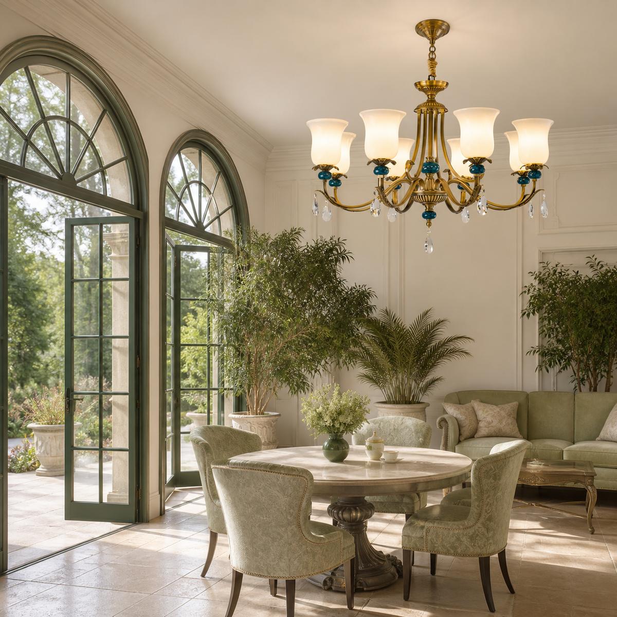 
Marcelline Antique Brass and Teal Glass Chandelier