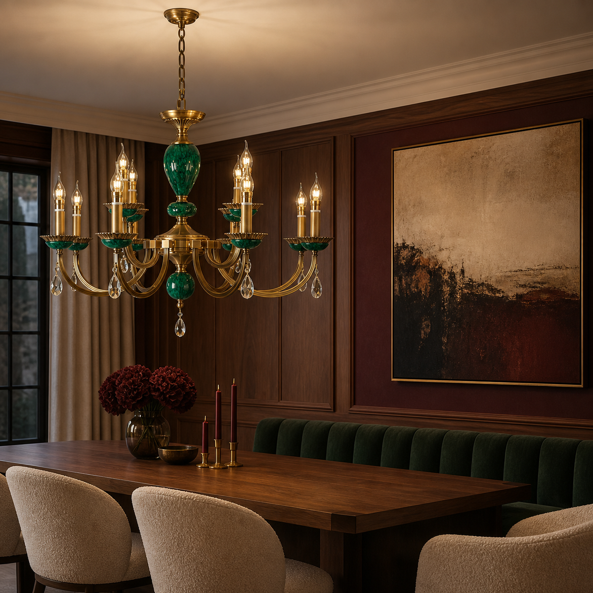 
Valeria Antique Brass and Green Stone Chandelier