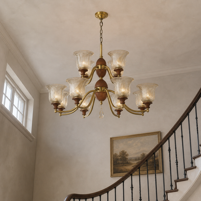 Elowen Antique Brass, Wood and Ribbed Glass Chandelier