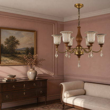Rosalind Antique Brass Ribbed Glass Chandelier with Wood Accents