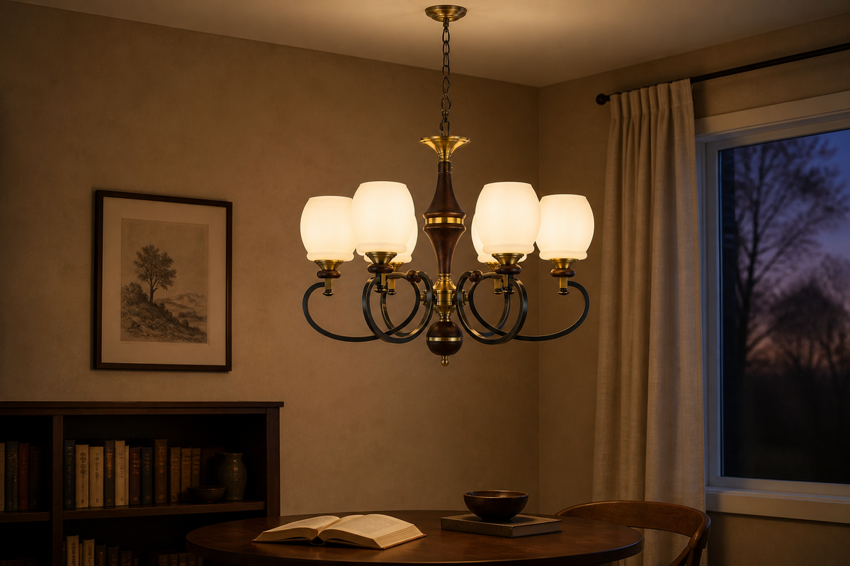 
Briarwood Ash Wood and Milk Glass Chandelier