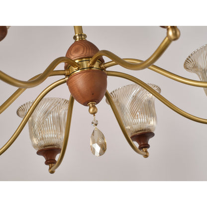 Elowen Antique Brass, Wood and Ribbed Glass Chandelier