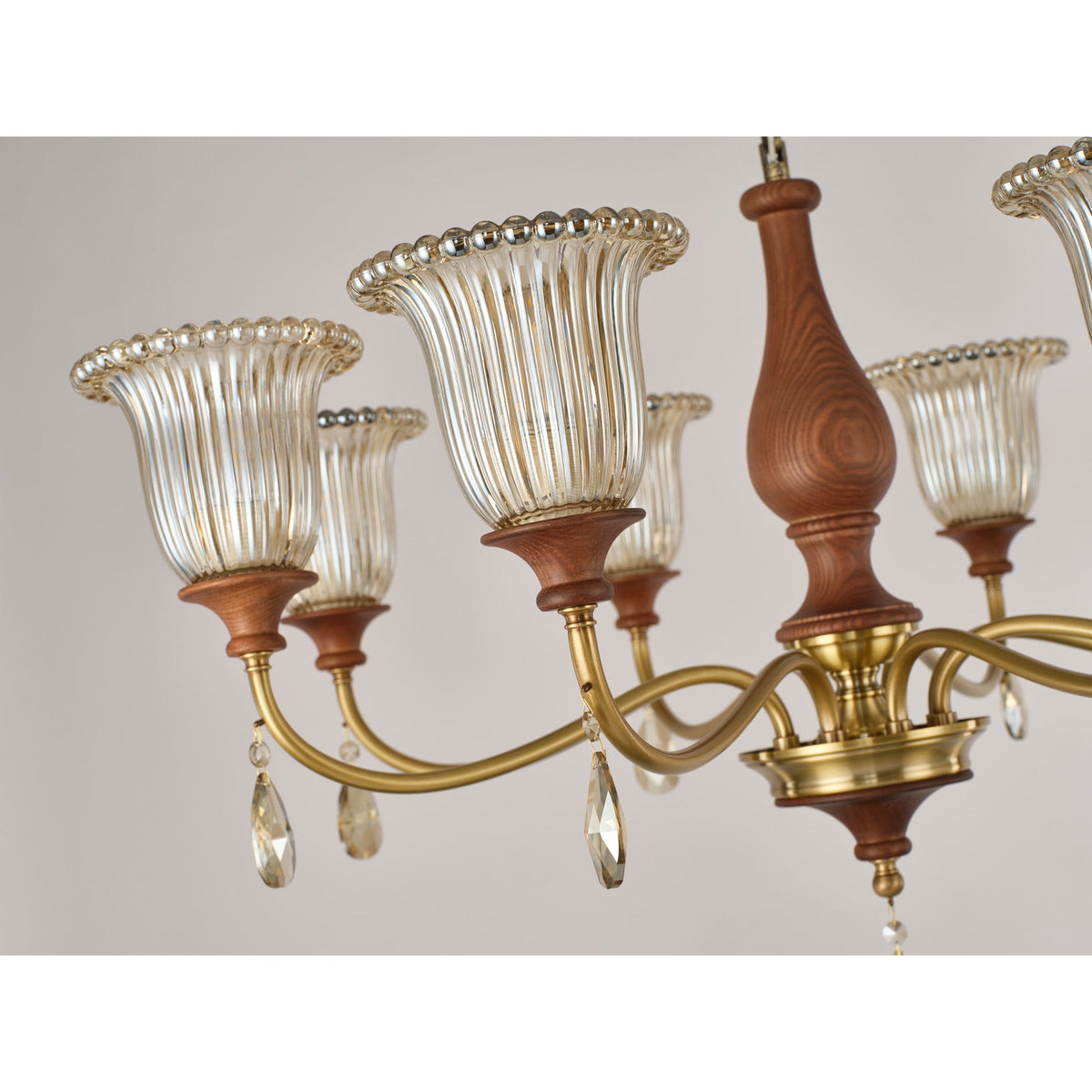 
Rosalind Antique Brass Ribbed Glass Chandelier with Wood Accents