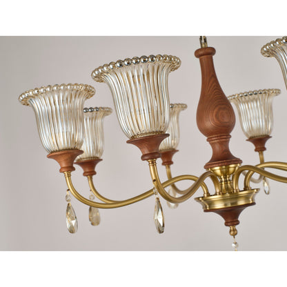 Rosalind Antique Brass Ribbed Glass Chandelier with Wood Accents