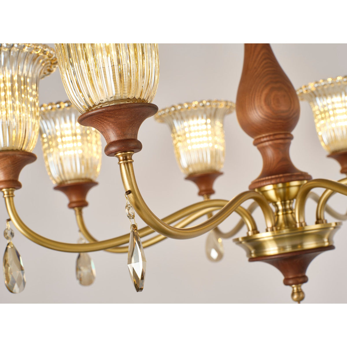 
Rosalind Antique Brass Ribbed Glass Chandelier with Wood Accents