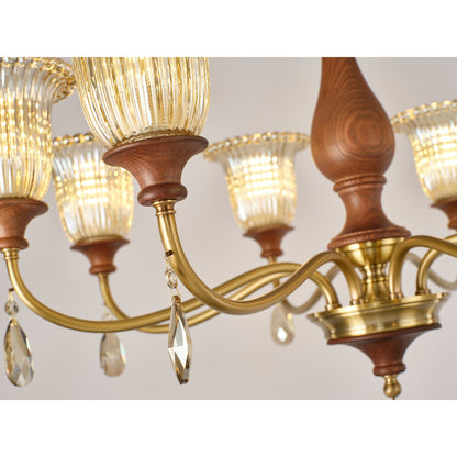 Rosalind Antique Brass Ribbed Glass Chandelier with Wood Accents