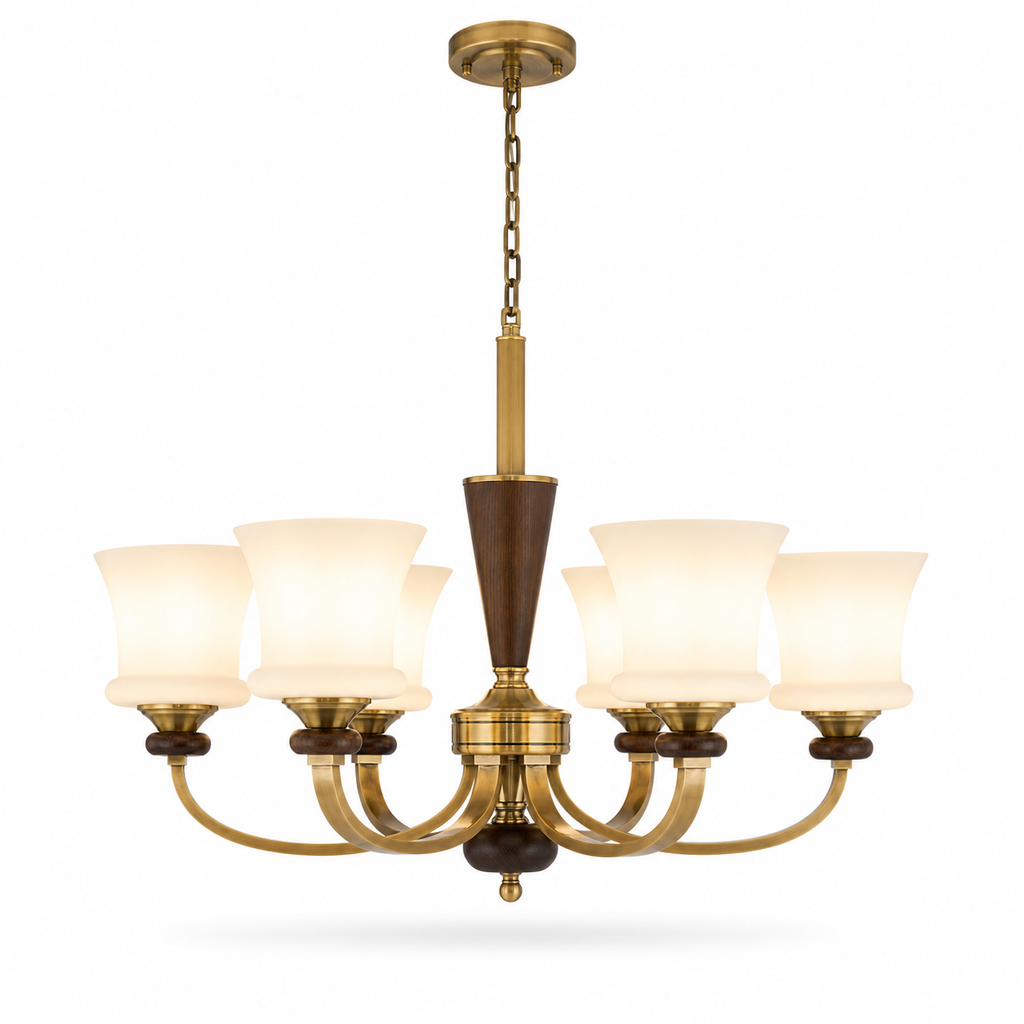 
Caldrienne Opal Glass and Ash Wood Chandelier