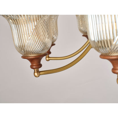 Elowen Antique Brass, Wood and Ribbed Glass Chandelier