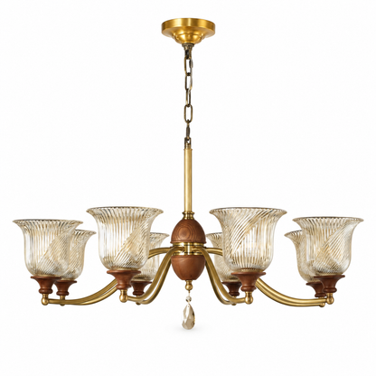 Elowen Antique Brass, Wood and Ribbed Glass Chandelier