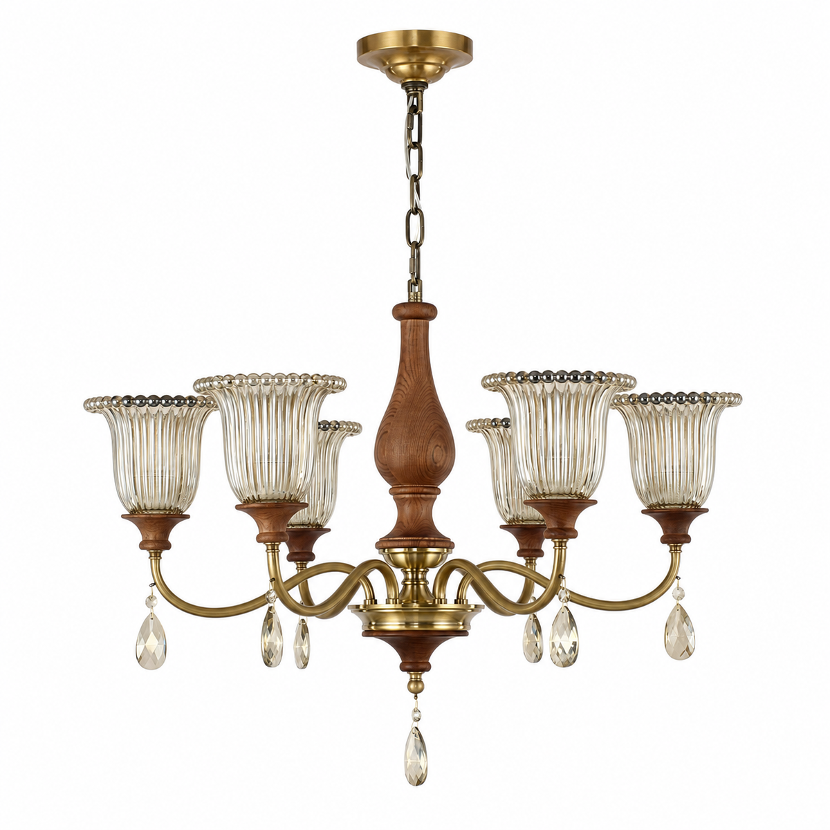 
Rosalind Antique Brass Ribbed Glass Chandelier with Wood Accents