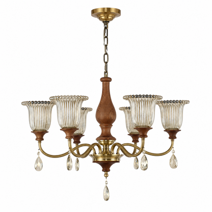 Rosalind Antique Brass Ribbed Glass Chandelier with Wood Accents